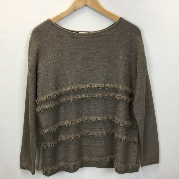 J.Jill Faye Fringe Mocha Heather Boat Neck Knit Sweater - Picture 1 of 8
